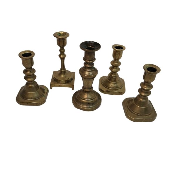Antique Solid Brass Candlestick Holders Set Of 5 Mixed Styles & Heights - Picture 7 of 7